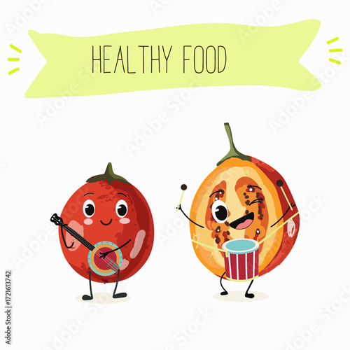 tamarillo or Solanum betaceum funny characters, hand drawn vector illustration.