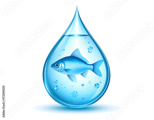 A blue fish swims inside a transparent water droplet, isolated on white.