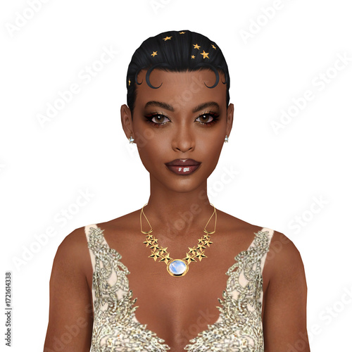 A beautiful young African woman, a showgirl with posh retro style wearing a party dress and confident look, isolated portrait