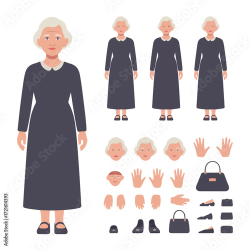 "Elderly Woman Character Creator – Flat Vector Illustration Set"

