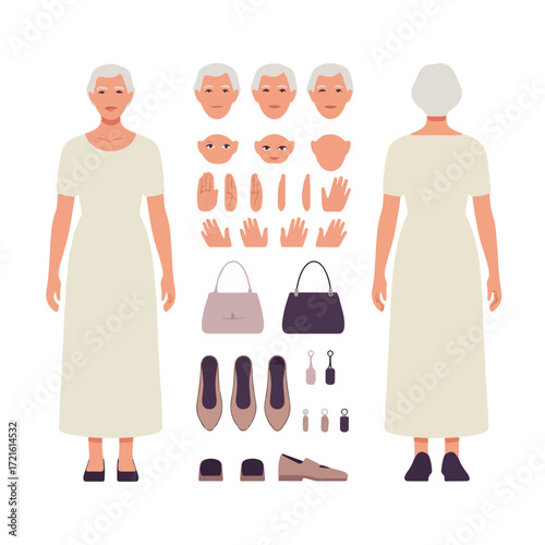 "Elderly Woman Character Creator – Flat Vector Illustration Set"

