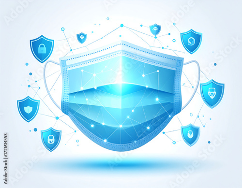 A stylized illustration of a protective face mask surrounded by digital security shields, representing safety and protection.