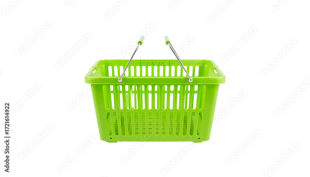 Fototapeta premium A vibrant lime green plastic shopping basket with sturdy handles, perfect for carrying groceries or everyday items