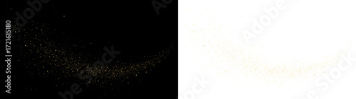 Gold glitter particles overlay on black and white backgrounds, creating a stunning visual effect for design projects, invitations, and festive celebrations with copy space