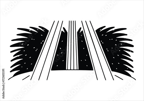 Stylized fountain or monument with abstract foliage graphic element