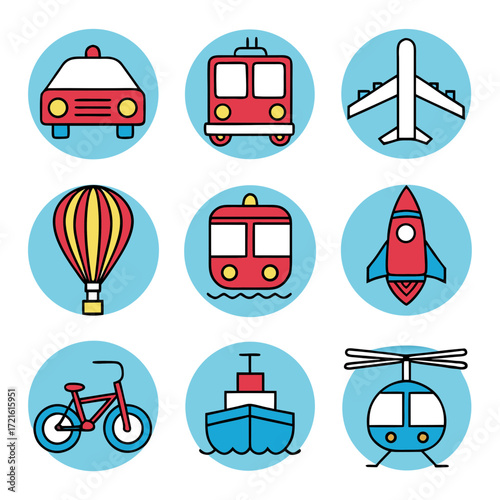 Colorful Transportation Icons Taxi Train Airplane Hot Air Balloon Keywords: transportation