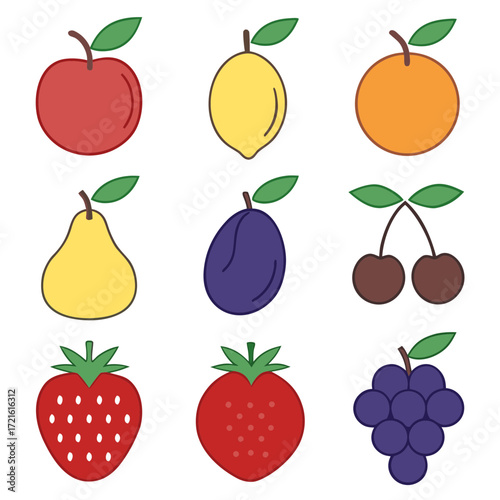 Collection of nine stylized fruits on a black background