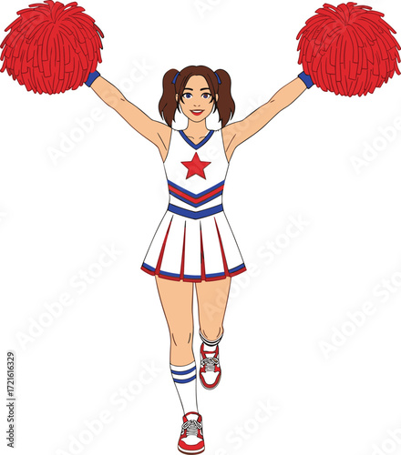 Cheerleader with red pom-poms, energetic performance, school spirit, sports team support, cartoon character, happy girl, dance routine, athletic lifestyle, vector illustration
