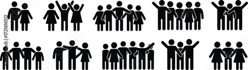 Group silhouette icons, social interaction poses, black and white design, demographic symbol vector, human figure illustration set, community behavior graphic, people cluster layout