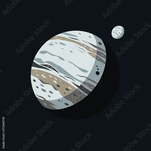 Stylized planet with swirling bands and a small moon
