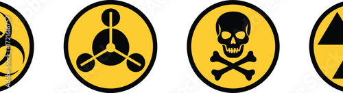 Hazard symbol icon set, biohazard and radiation signs, poison and chemical warning graphics, black on yellow design, safety alert vector, danger identification elements