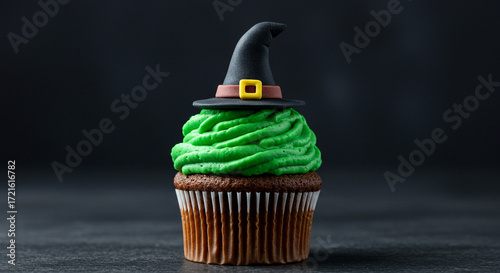 Delightful witch cupcake with vibrant green frosting perfect for Halloween celebrations and festive treats, ideal for spooky season promotions and party invites