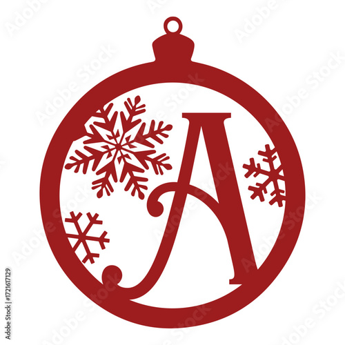 Red christmas ornament with the letter a and snowflake cutouts for holiday decoration and design use