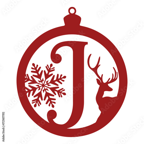Ornament with letter j snowflake and deer silhouette for christmas decoration and holiday season design