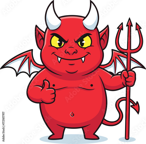 Cute cartoon devil with red skin, horns, wings, and trident, giving thumbs up, funny monster character, vector illustration for Halloween or kids