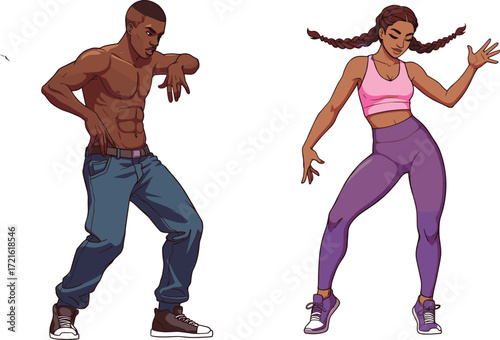 Cartoon Dance Icons Featuring Shirtless Man and Woman in Sportswear, Expressive Poses, Energetic Mood, and Fitness Lifestyle Theme