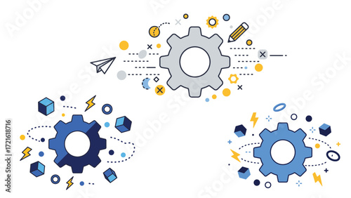 Abstract gear and process icons set  with cubes, paper plane and lightning elements- Representing technology, workflow, innovation and business strategy vector illustration