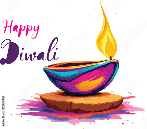 Colorful Diwali illustration with vibrant oil lamp (diya), splashes of color, and “Happy Diwali” festive text on wooden base