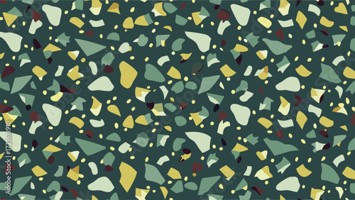 Dark Teal Terrazzo Pattern with Geometric and Irregular Shapes in Green Yellow and Burgundy background