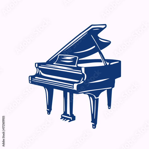 Vector illustration of a black and white grand piano with musical notes
