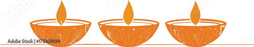 Stylized Diwali illustration with three decorative orange oil lamps (diyas) and flames in horizontal symmetrical layout
