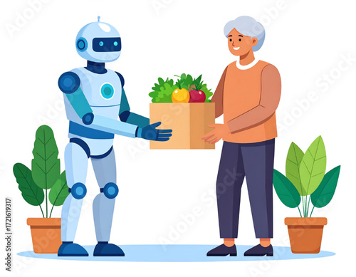 A friendly robot delivering groceries to a smiling elderly woman, offering assistance.