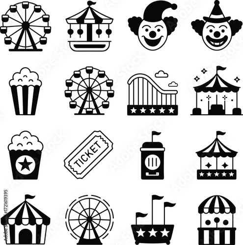Carnival amusement park vector icons collection set. Circus and fairground black silhouette icon pack.