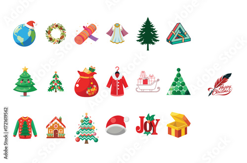 Vector art of collection of christmas icons, including festive trees, santas hat, gift box, gingerbread house, and holiday sweater