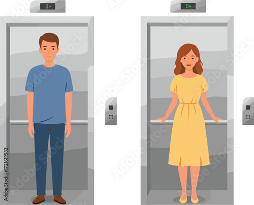 Cartoon Elevator Icons Featuring Man and Woman in Separate Compartments, Weight Display Screens, Urban Mood, and Public Space Theme