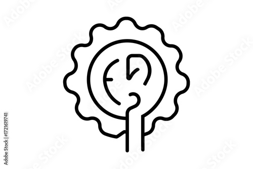 This image shows a minimalist line art of a finger pressing a power button inside a gear shape.