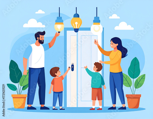 Family of four changing light bulbs, promoting energy efficiency and saving electricity in a home setting.