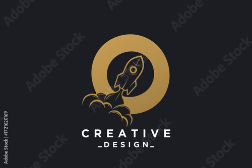 Rocket with letter O unique logo design Premium Vector