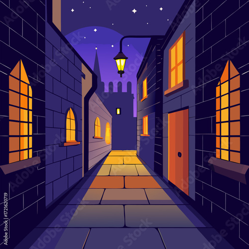 Enchanting twilight alley with glowing windows and rustic brick walls vector night landscape background.