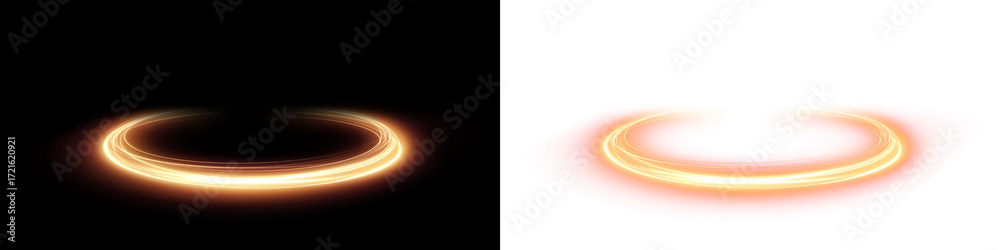 Naklejka premium Glowing circular light ring overlay on black and white backgrounds, creating a vibrant visual effect for creative design projects and digital artwork enhancement