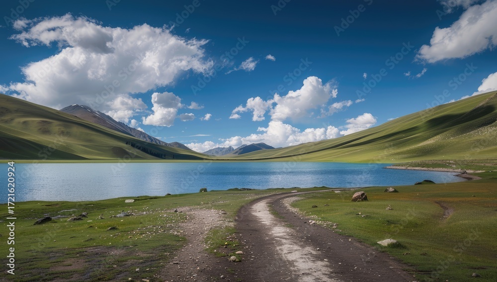 Fototapeta premium Serene mountain lake scene; a dirt road curves towards it, nestled between verdant hills under a vibrant blue sky dotted with fluffy clouds