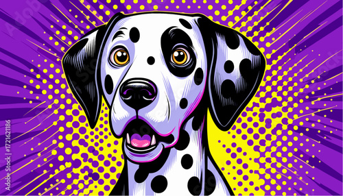 Dalmatian surprised with open mouth, bold dynamic pop art background, emotional dog