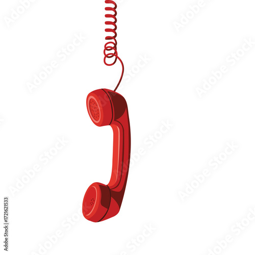 A red telephone receiver is hanging by its coiled cord, isolated on a white background.