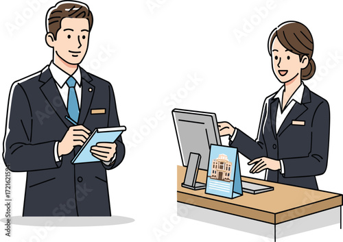 Cartoon Hotel Staff Icons Featuring Receptionist and Notepad Clerk, Desk Setup, Customer Service Mood, and Hospitality Industry Theme