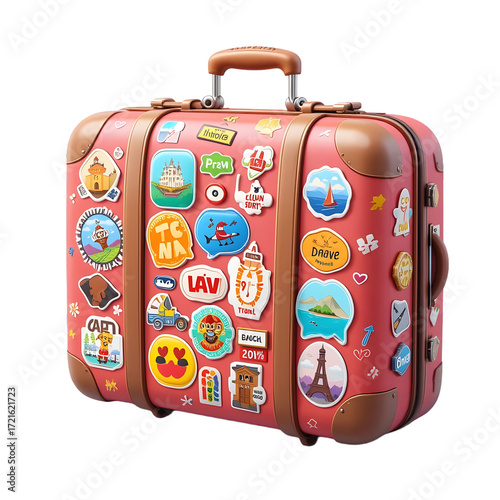 Cute 3D Suitcase with Travel Stickers, Playful Design