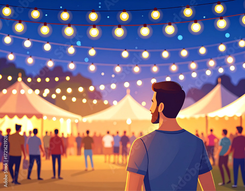 A man observes a lively outdoor festival with tents, lights, and a crowd of people at dusk.