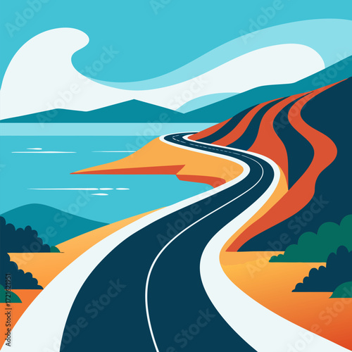 Scenic coastal highway road trip design featuring a winding road along a beautiful ocean beach vector landscape background.