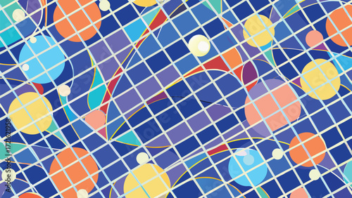 Geometric Abstract Pattern with Overlapping Circles and Grid Overlay vector illustration