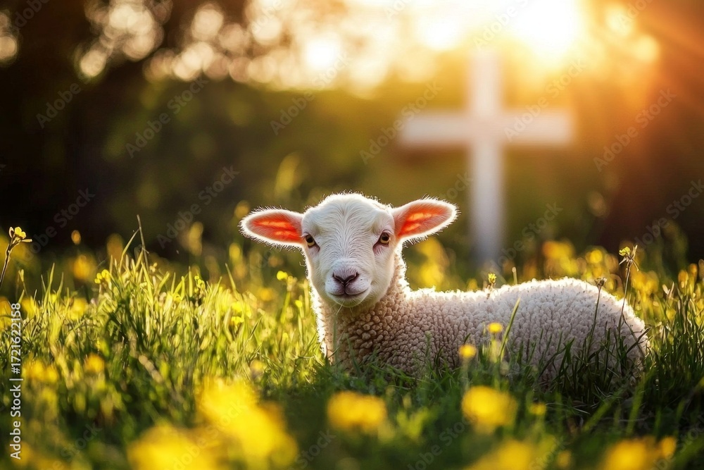 Obraz premium Easter inspiration with a lamb in a picturesque field.