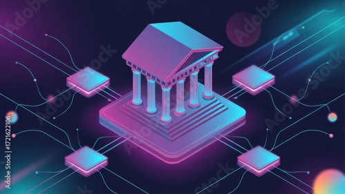 Digital banking's core concept: An illustration showcasing a classical building, at the heart of interconnected, represents the modern concept of digital banking and financial institutions.