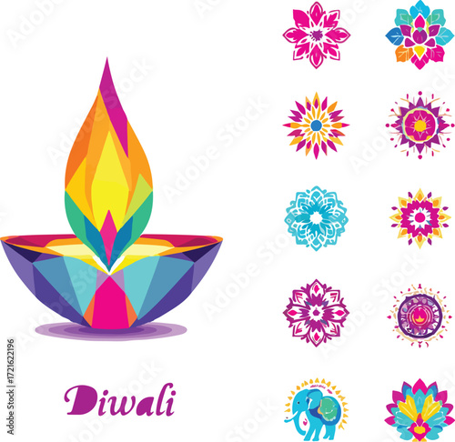 Colorful Diwali illustration with lit oil lamp, mandala decorations, festive text, and stylized elephant in Indian art style