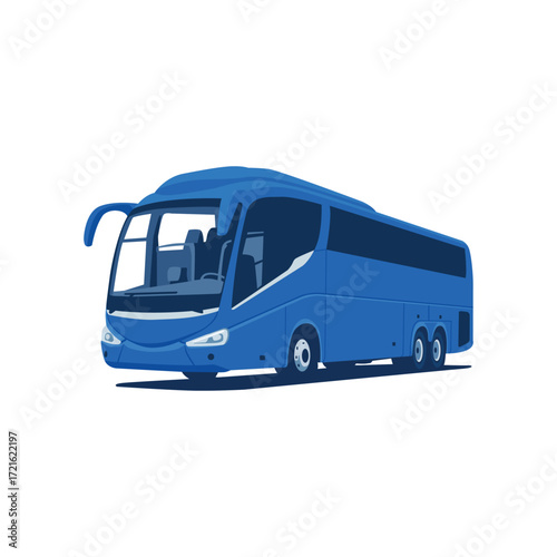 A long blue passenger bus seen from the front, isolated on a white background.