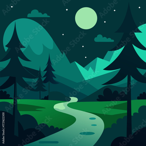 Depicts a nocturnal adventure in the wilderness dark greens and forest illuminated by moonlight. towering trees mysterious wildlife and a winding path vector natural background.