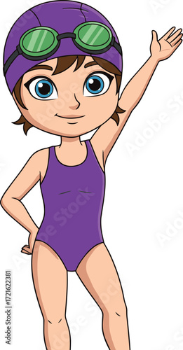 Cute cartoon girl in purple swimsuit and swim cap, wearing goggles, waving hand, ready for swimming, vector illustration for kids and sports