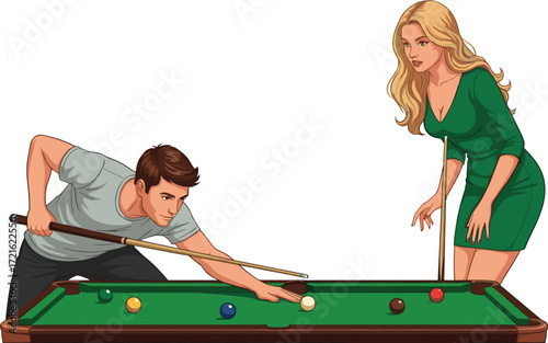 Cartoon Pool Icons Featuring Two Players with Cue Sticks, Colorful Balls on Table, Recreational Mood, and Game Theme