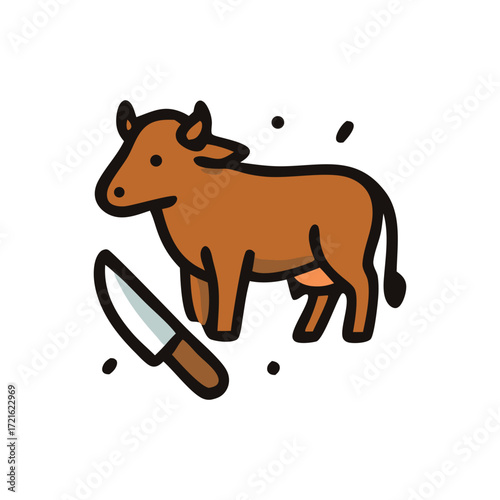 Animal sacrifice a cow with a knife is an illustration symbolizing ritualistic slaughter preparation.